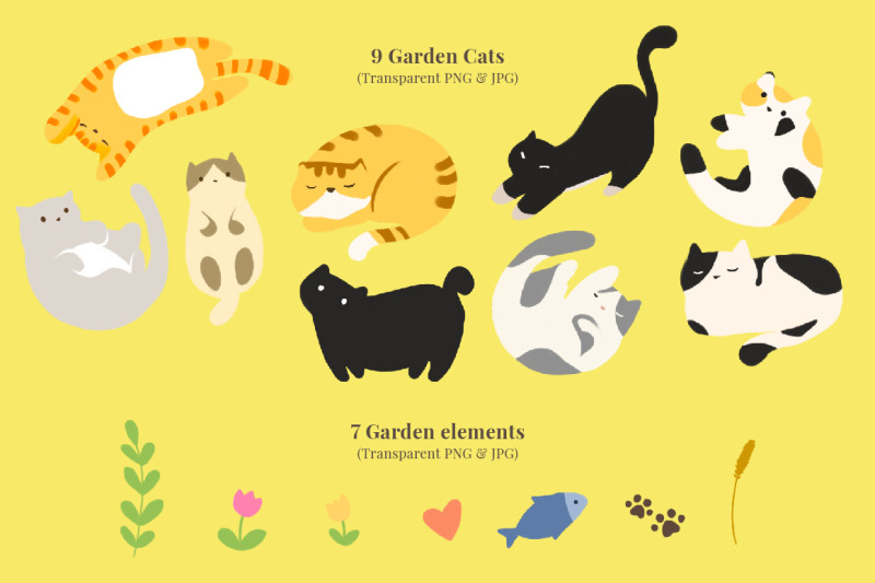 cute-garden-cats-amp-elements-clipart-pack