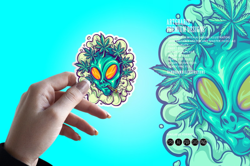 alien-head-weed-plants-hair-smoke-illustrations