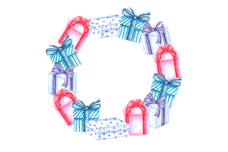 christmas-gifts-watercolor-wreath-frame-gift-box-new-year-surprise