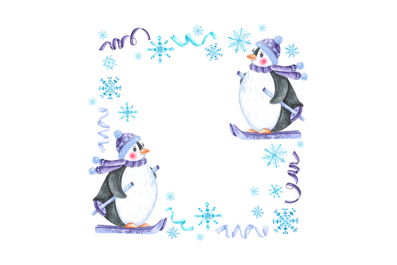 winter-watercolor-frame-border-penguin-skiing-christmas-new-year