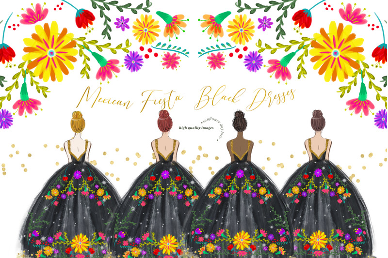 wedding-princess-black-dresses-clipart-mexican-floral