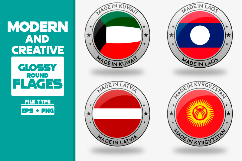 made-in-kuwait-modern-and-creative-round-glossy-flag-set