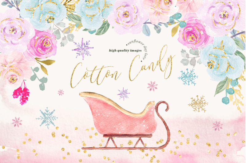 cotton-candy-winter-floral-santa-sleight-watercolor-clipart
