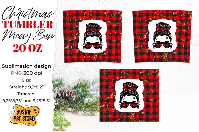 christmas-messy-bun-tumbler-sublimation-buffalo-plaid-design