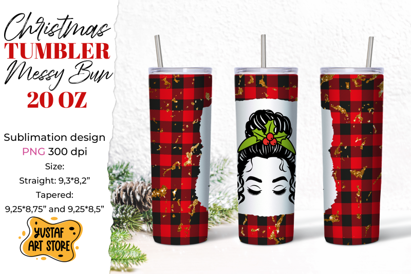 christmas-messy-bun-tumbler-sublimation-buffalo-plaid-design