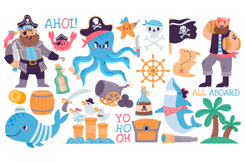 cartoon-pirate-captain-and-sailor-skull-treasure-chest-and-map-adve