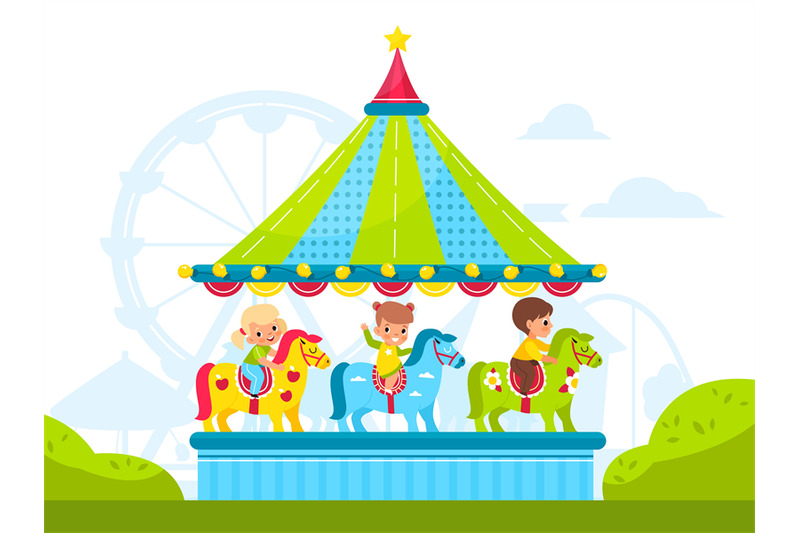 kids-on-round-carousel-with-horses-children-ride-merry-go-round-in-am