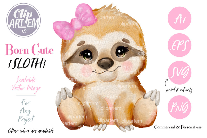watercolor-baby-sloth-pink-bow-clip-art-vector-png
