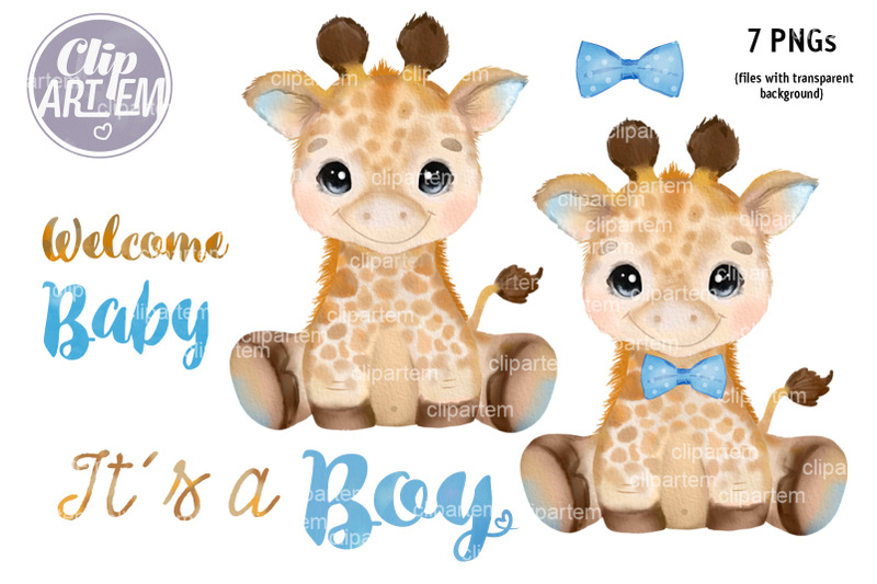 sweet-boy-giraffe-with-blue-bow-tie-watercolor-7-png-clip-art-bundle