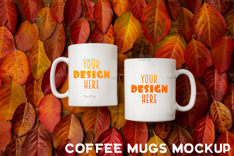 two-white-coffee-mug-mockup-with-red-fall-leaves-background