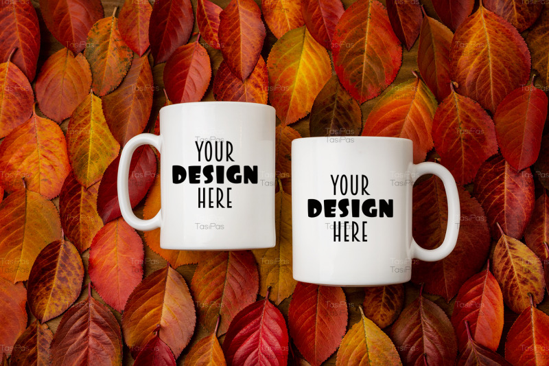 two-white-coffee-mug-mockup-with-red-fall-leaves-background