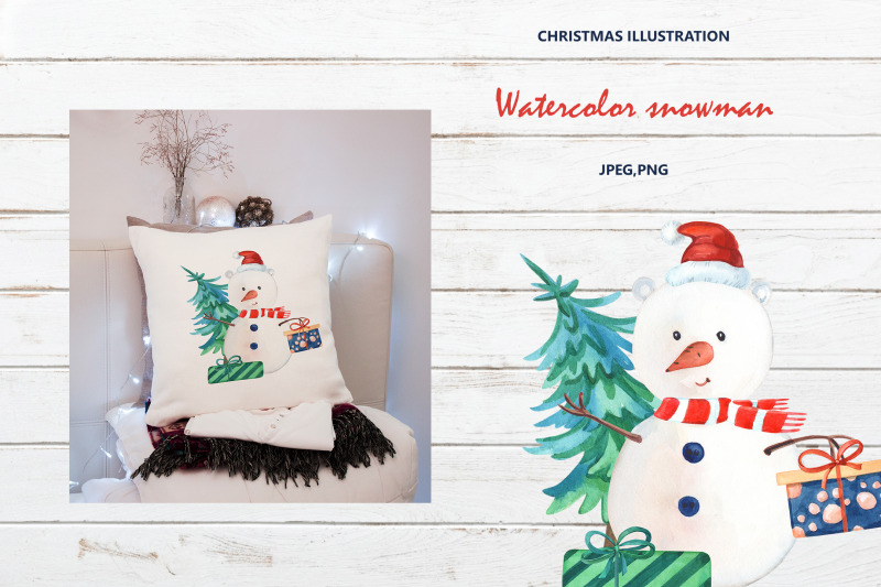 watercolor-snowman-with-christmas-tree