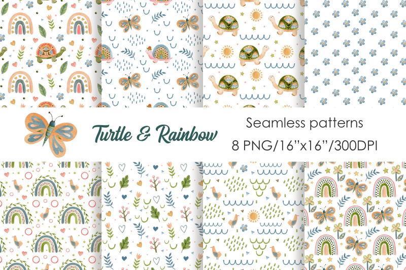 watercolor-turtle-amp-rainbow-seamless-patterns