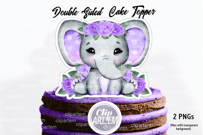 purple-lavender-baby-girl-elephant-cake-topper-double-sided-png