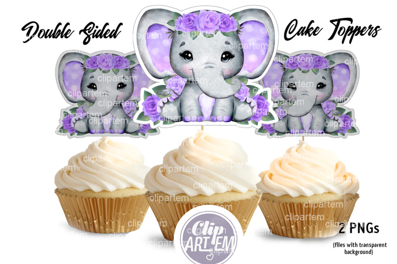 purple-lavender-baby-girl-elephant-cake-topper-double-sided-png