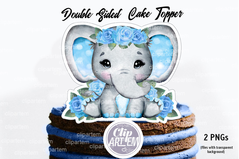 cute-baby-blue-elephant-2-sided-topper-girl-png-watercolor-clip-art