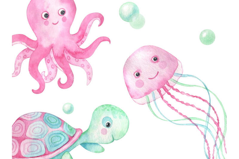 watercolor-sea-life-clipart-underwater-world-animals-clip-art-turtle-o
