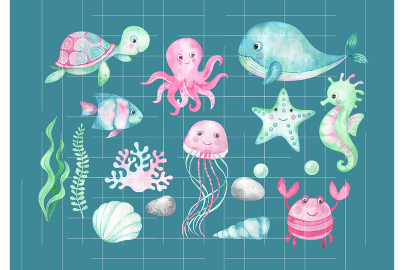 watercolor-sea-life-clipart-underwater-world-animals-clip-art-turtle-o