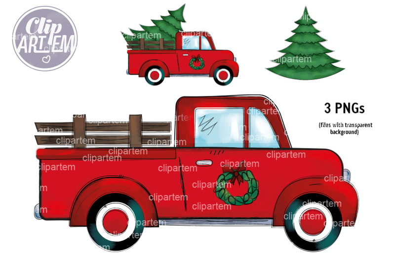 red-vintage-truck-sublimation-christmas-tree-images-3-png