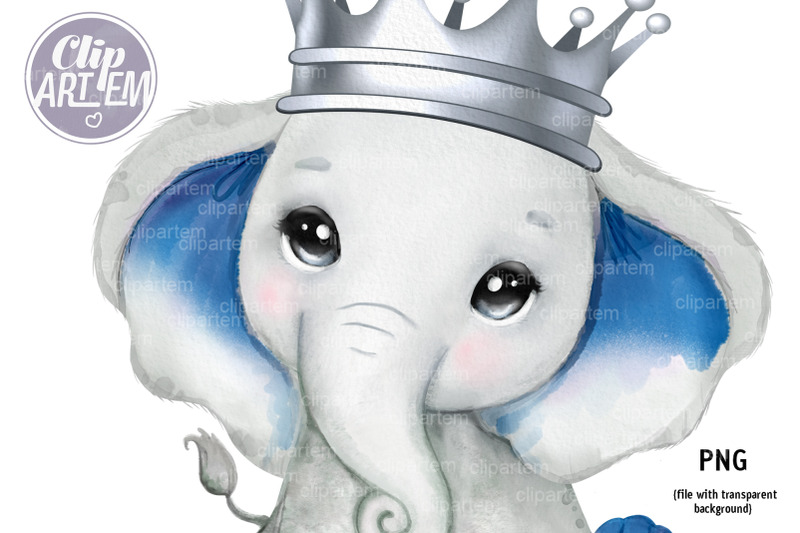 cute-elephant-with-dark-blue-ears-and-silver-crown-royal-png-clip-art