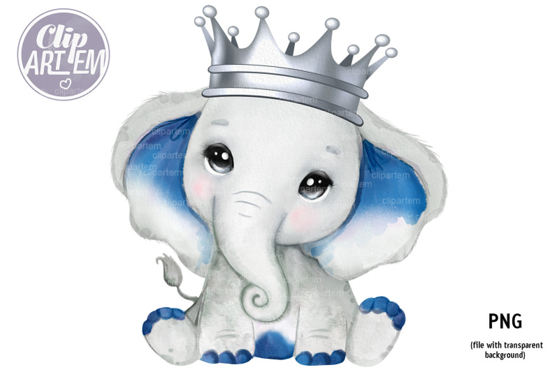 cute-elephant-with-dark-blue-ears-and-silver-crown-royal-png-clip-art