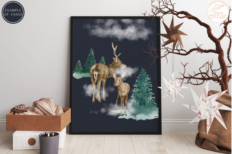 watercolor-deer-png-winter-woodland-clipart-set