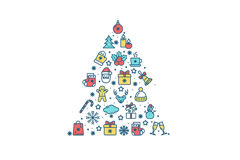 christmas-tree-shape-concept-with-color-thin-line-icon-set-vector