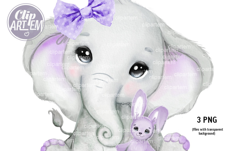 sweet-baby-elephant-with-rabbit-purple-girl-bow-3-png-clip-art