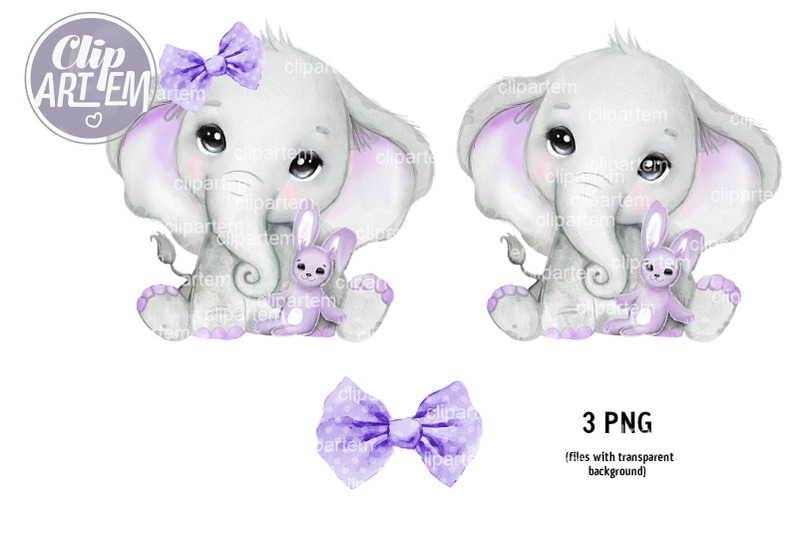 sweet-baby-elephant-with-rabbit-purple-girl-bow-3-png-clip-art