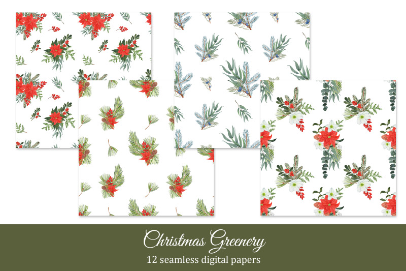 christmas-floral-digital-papers-pack-winter-greenery-seamless-pattern