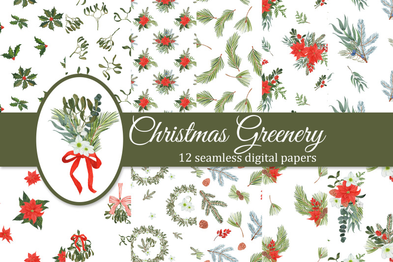 christmas-floral-digital-papers-pack-winter-greenery-seamless-pattern