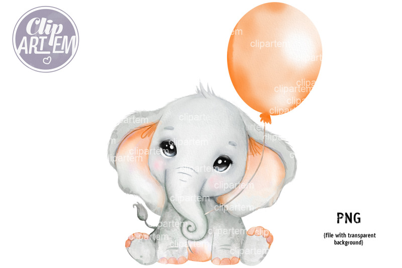 cute-unisex-elephant-with-orange-balloon-and-ears-watercolor-png