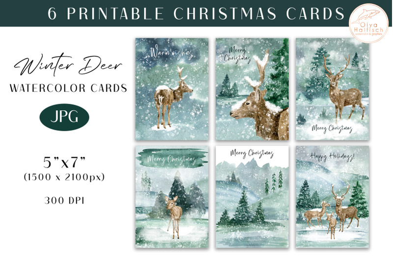 watercolor-printable-christmas-cards-winter-woodland-deer-illustratio