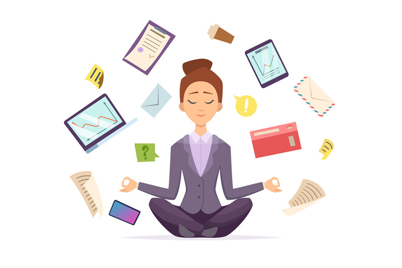 yoga-business-female-character-sitting-in-lotus-meditation-pose-and-r