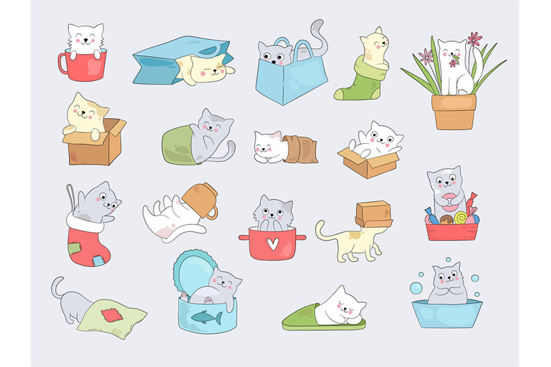 cat-in-cups-relaxing-cute-little-kitty-hide-in-cup-or-slippers-vector