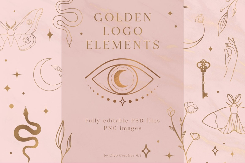 golden-logo-elements-esoteric-mystic-symbols-eye-stars-cat-snake