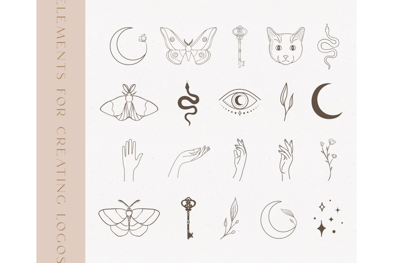 golden-logo-elements-esoteric-mystic-symbols-eye-stars-cat-snake
