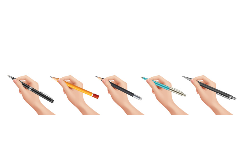 hand-holding-stationery-realistic-pen-pencil-isolated-numan-arm-sign