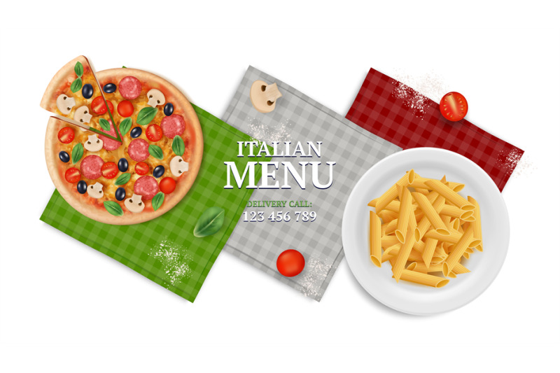 italian-menu-banner-pizza-pasta-on-plate-napkins-and-tomato-realist