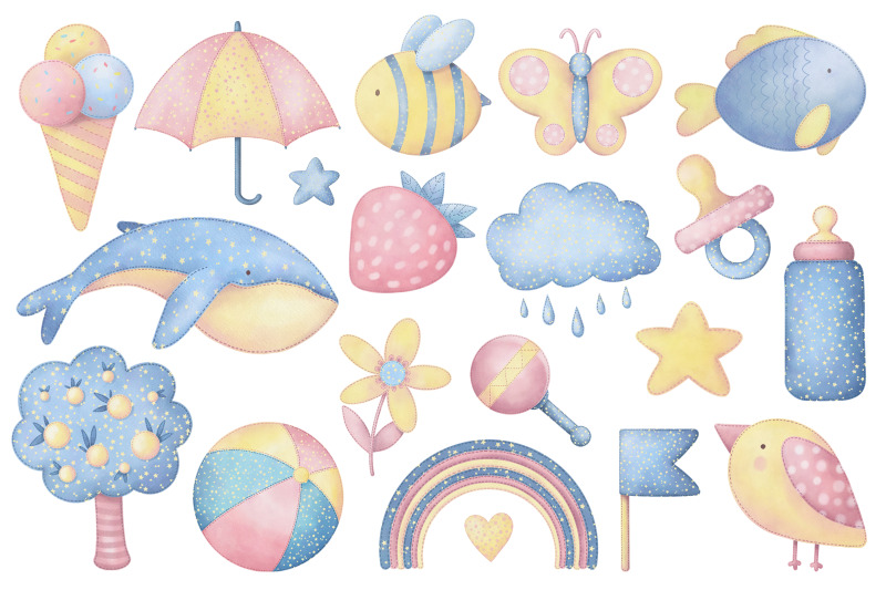 happy-childhood-cliparts-amp-patterns-watercolor-collection