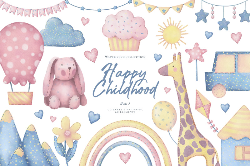 happy-childhood-cliparts-amp-patterns-watercolor-collection