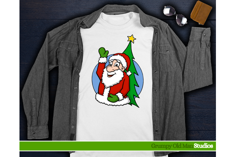 cartoon-santa-waving-with-christmas-tree-christmas-design