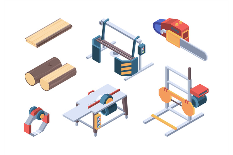 lumber-isometric-sawmill-items-and-workers-wood-workman-vector-isomet