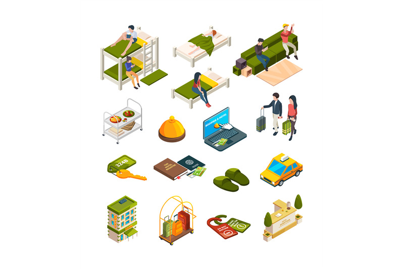 hostel-isometric-hotel-business-symbols-sofas-hostelers-travellers-lu