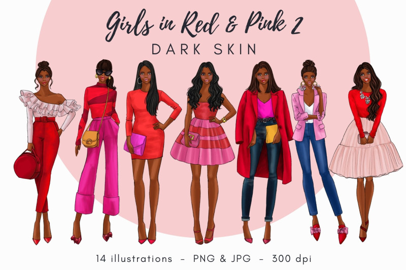 girls-in-red-amp-pink-2-dark-skin-watercolor-fashion-clipart