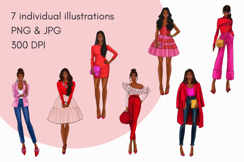 girls-in-red-amp-pink-2-dark-skin-watercolor-fashion-clipart