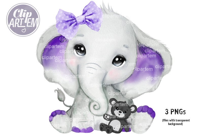 purple-girl-boy-elephant-with-teddy-bear-3-png-watercolor-clip-art