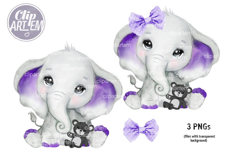 purple-girl-boy-elephant-with-teddy-bear-3-png-watercolor-clip-art