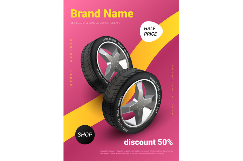 realistic-tire-poster-car-wheel-promo-auto-service-and-seasonal-tyre