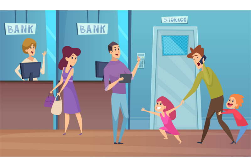 bank-service-busy-dad-and-kids-financial-conculting-vector-illustrat